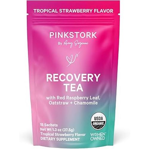Pink Stork Postpartum Recovery Herbal Tea, Organic Red Raspberry Leaf with Chamomile, Hormone Balance for Women After Labor and Delivery, Strawberry Passion, Hot or Iced, Caffeine-Free, 15 Sachets