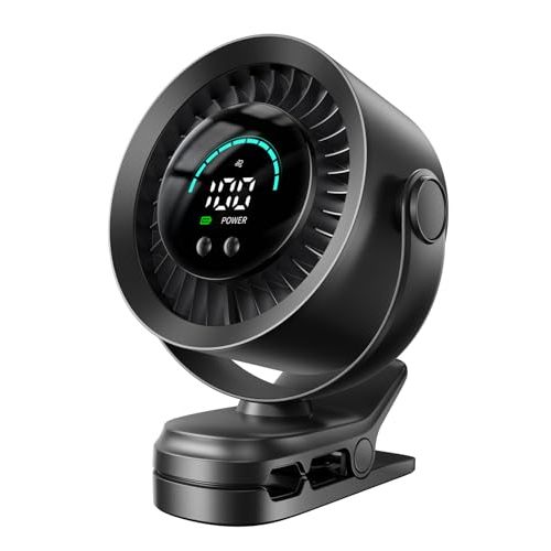 KIMMOO Portable Clip on Fan, 100-Speed Rechargeable USB Fan with LED Display, 360° Rotation & Strong Airflow Desk Fan, Up to 17 Hours Small Battery Fan for Outdoor Travel Camping Treadmill Car (Black)