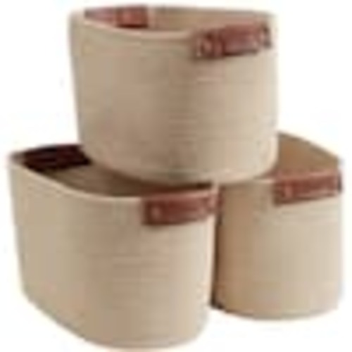 Ornavo Home 3 Pack Cotton Rope Storage Baskets - Multi Brown 3PK-ROPE-BSKT-PU-HDLS-2TONEBROWN
