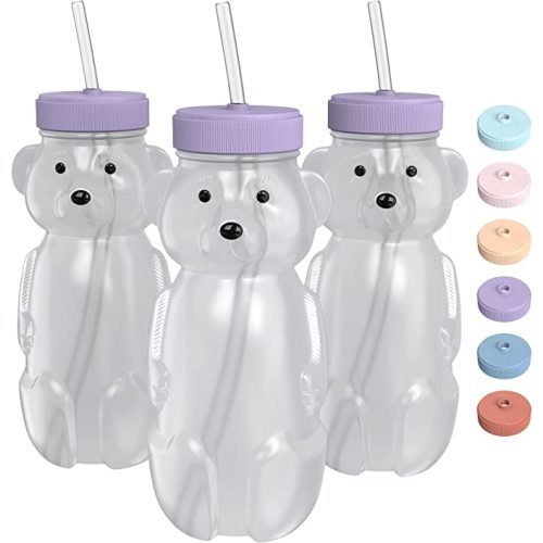 Honey Bear Straw Cup for Babies 3 pack; 8oz straw bear cup with improved safety lid design; honeybear baby cup straw; honey bear cup and honey bear bottle. Straw learning therapy cup(Unicorn- PURPLE)