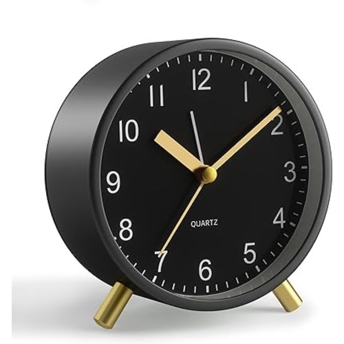 Analog Alarm Clock, 4 inch Super Silent Non Ticking Small Clock with Night Light, Battery Operated, Simple Design, easy setting for Office, Bedroom, Bedside, Desk, teens, elders, kids, adult, Black