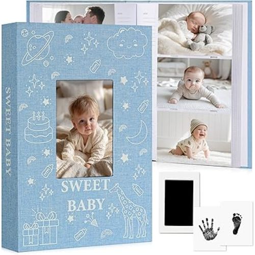 Baby Photo Album 4x6 300 Pockets with Memo Area & Hand and Footprint Kit, Linen Cover Slip-in Memory Book with Front Window, Acid-Free Keepsake for Newborn Boy Girl, First Year Moments