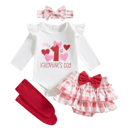 FYBITBO Newborn Baby Girl Christmas Outfits Cute Letter Romper Ruffle Plaid Skirt Dress Infant Christmas Outfit Clothes Set