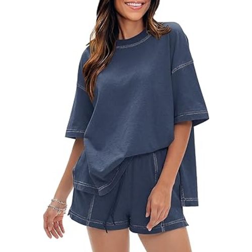 EXLURA Women's Casual Summer 2 Piece Sets 100% Cotton Short Sleeve Tshirt and Shorts Matching Sweatsuits Lounge Set 2026