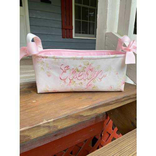 Long Diaper Caddy Caddie / Organizer Bin / Changing Table Basket -Pink Rose Ivory - Personalization Available