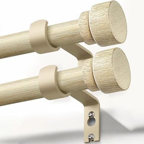 2 Pack White Oak Wood Curtain Rods for Windows 28 to 48 1" Diameter Boho Decorative Heavy Duty Window Curtain Rod Adjustable with Handmade Wood Grain Design for Living Room Bedroom Kitchen