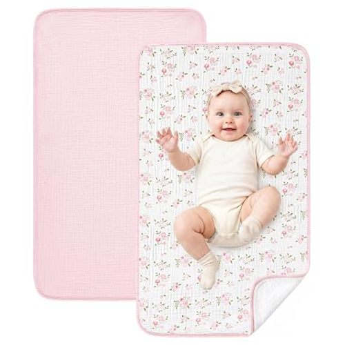 Eterish 2 Pack Waterproof Muslin Cotton Portable Changing Pad 30"x 17", Soft & Foldable Changing Pad Liner with Terry Backing, Travel Baby Changing Mat for Newborn Girls Boys