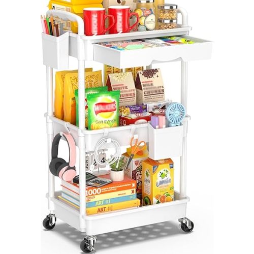 3 Tier Rolling Cart with Drawer, Bathroom Storage Organizer with 2 Lockable Wheels, Multifunctional Rolling Storage Cart for Bathroom, Kitchen, Office, Craft, Makeup, Baby Essentials, White