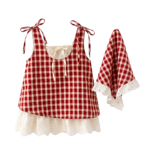 Red Gingham Baby Dress and Headscarf Set | Petit Hollow