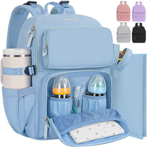 IBVIVIC Diaper Bag Backpack with Portable Changing Pad, Light Blue | Multifunctional Baby Bag for Mom Dad, Large Capacity, Stroller Straps, Insulated Bottle Pockets & Pacifier Case