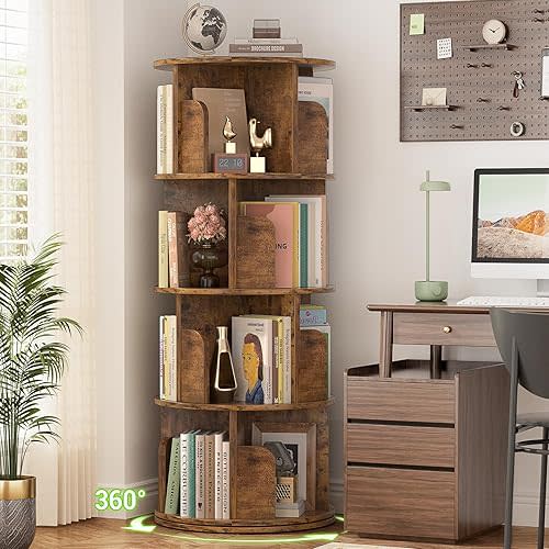 Aheaplus 4 Tier Rotating Bookshelf, Wood Spinning Bookshelf Tower, Round Revolving 360 Bookcase, Narrow Turning Book Shelf Rolling Corner Organizer for Small Space, Bedroom, Office, Rustic Brown