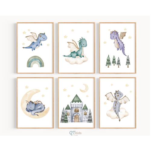 Baby Dragons Nursery Prints, Boy Room Printable Wall Art, Playroom Wall Decor, Castle Fairytale Kids Room Decor, Rainbow DIGITAL DOWNLOAD