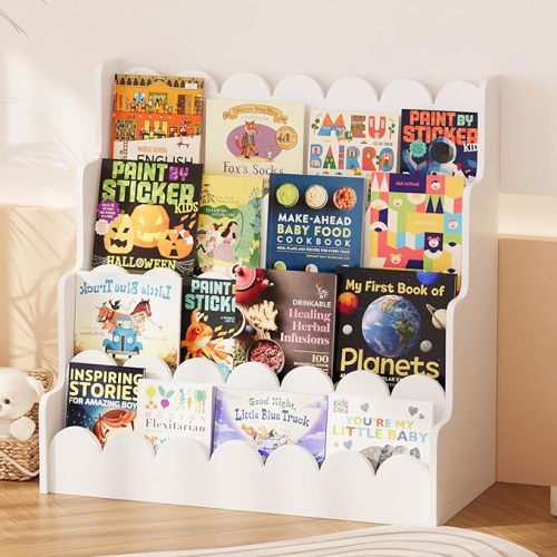 NACHES Kids 4-Tier Scalloped Bookshelf Wooden Bookshelf Toddler Montessori Bookcase Children Front Facing Display Book Shelves for Nursery Kids Room Reading Room Bedroom Classroom