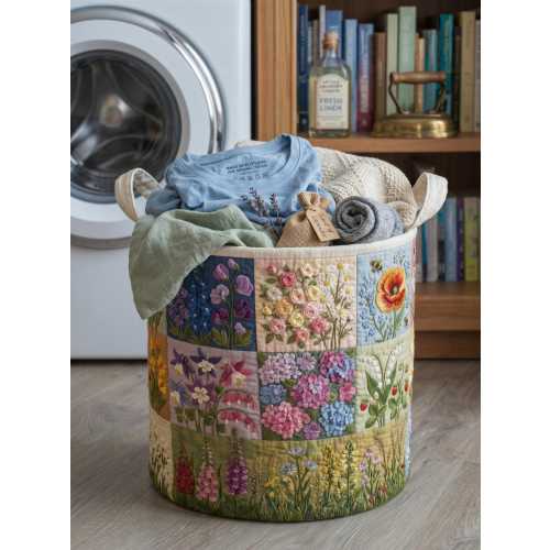 Carnation Floral Quilted Laundry Basket, Bird Garden Hamper, Vintage Cottagecore Storage Bin, Foldable Fabric Organizer Gift