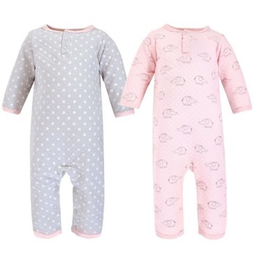 Hudson Baby Infant Girl Premium Quilted Coveralls, Pink Gray Elephant, 0-3 Months