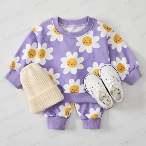 Baby Purple Smiling Flower Print 2-piece Set
