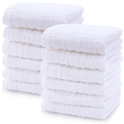 Cute Castle 12 Pack Muslin Baby Washcloths - Large 12'' by 12'' - Ultra Soft 100% Cotton - Super Absorbent Burp Cloths for Unisex, Boy, Girl -White