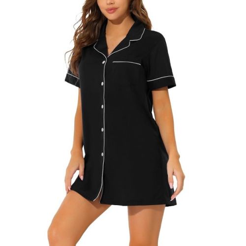 cheibear Women's Notched Collar Thigh Length Button Down Pajama Shirt Dress with Pocket Medium Black