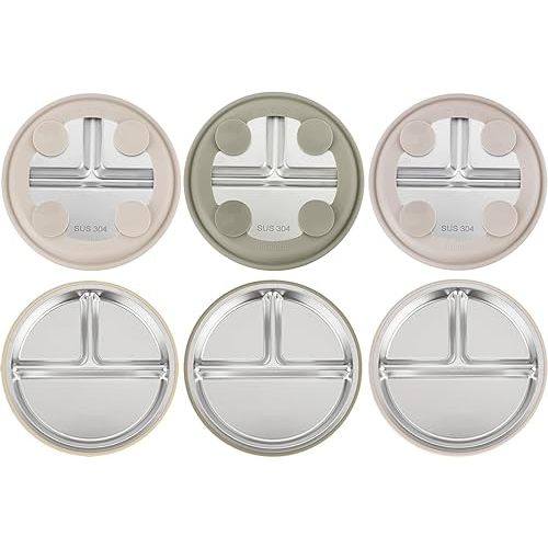 PandaEar 3 Pack Stainless Steel Baby Suction Plates, Divided Toddler Plate for Baby Led Weaning Supplies, Non-Slip Toddler Baby Feeding Set Dishwasher Safe (Linen Brown Tan)