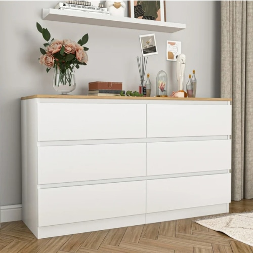 Kadyn Cómoda cómoda de 6 Cajones para Dormitorio, Cómoda Superior Natural, Blanco
