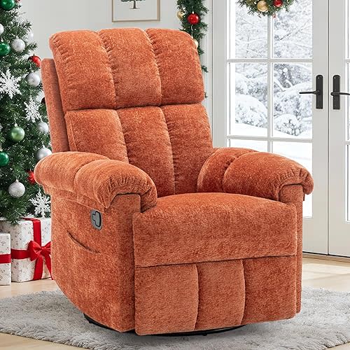 Recliner Chair, Swivel Rocker Recliner Chair for Adults, Small Recliners for Small Spaces, Manual Recliner with Side Pockets, Upholstered Nursery Rocking Chair for Living Room, Chenille, Orange