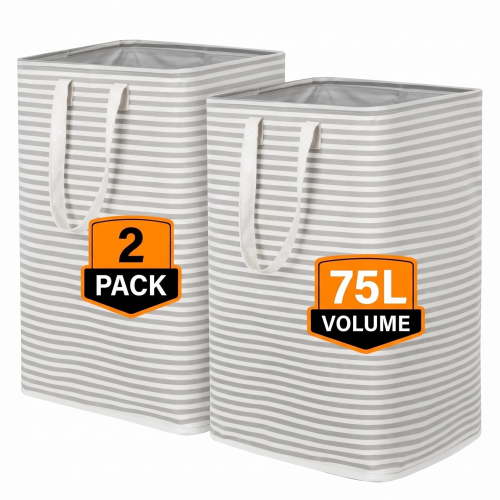 2 Pack 75L Laundry Hamper, Large Foldable Laundry Bag with Handles, Freestanding Waterproof Clothes Hamper for Laundry Room, Bedroom, Bathroom, College Dorm, Gray Stripe