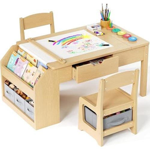 5-in-1 Kids Art Table and Chairs, Toddler Table and Chair Set, Craft Play Desk for Kids, Convertible Art Easel with Paper Roll Holder & Storage Drawers, Children Activity Learning Center-Wood