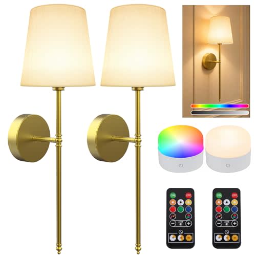 Wall Sconces Set of Two, Battery Operated Rechargeable Wireless Sconces Wall Decor with Remote, RGB Dimmable Wall Lamp for Bedroom Living Room Hallway (Gold)