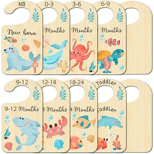 CRASPIRE 10Pcs Ocean Animal Wood Baby Wardrobe Dividers Clothes Size Dividers Closet Organizers Nursery Decor from Newborn to 36 Month Hanger Baby Infant Wardrobe Divider for Newborn Baby Shower