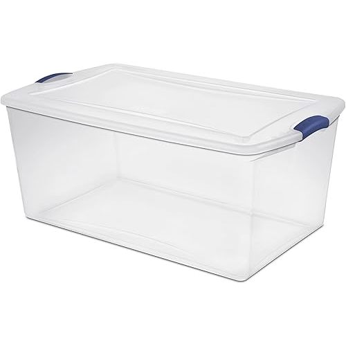 105 Qt. Plastic Storage Bin with Durable Lid, Stackable and Nestable Clear Tote Container Featuring Blue Buckles, Ideal for Organization and Storage Purposes (1-Pack)