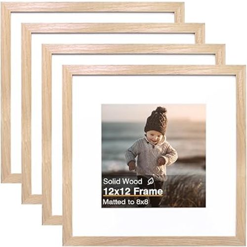 12x12 Picture Frames, 4 Pack Natural Solid Wood Square Frames for Art, 8x8 Matted or 12x12 Frame without Mat, Wall Display Photo Frame