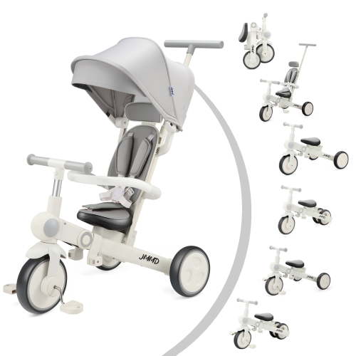 JMMD Baby Tricycle, 7-in-1 Foldable Kids Trike with Adjustable Parent Handle, Safety Harness & Wheel Brakes, Removable Canopy, Stroll Trike for Boys & Girls Ages 18 Months-5 Years, Gray