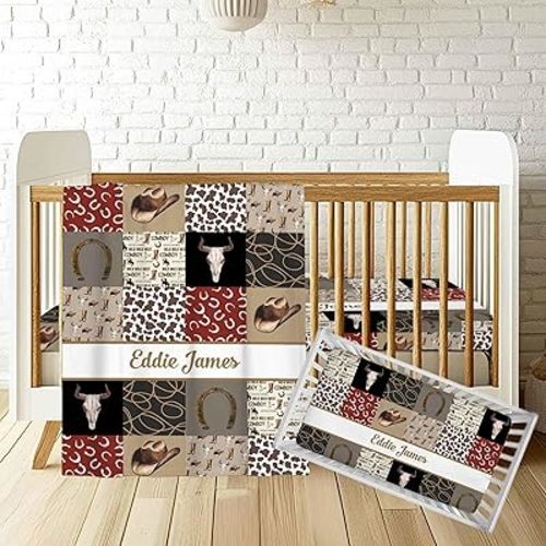 Personalized Western Cowboy Baby Crib Bedding Set for Boys – Custom Name 2-Piece Nursery Set with Flannel Blanket & Fitted Crib Sheet, Soft Bedding for Newborn, Infant & Toddler