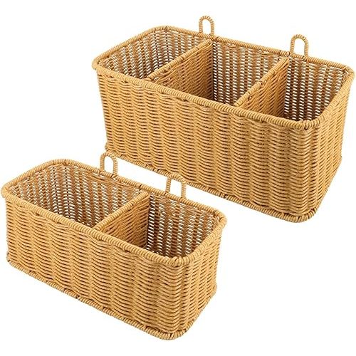 AceList Wall Hanging Basket with Compartment, Woven Hanging Storage Baskets with Hooks - Set of 2, Boho Organizer for Toilet Tank, Bathroom, Kitchen, and Pantry Decor
