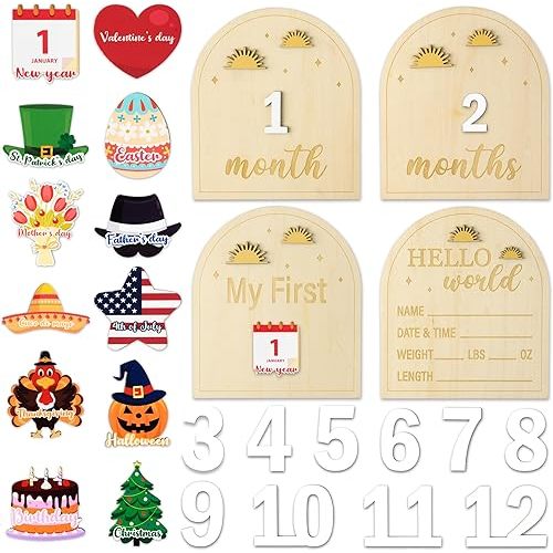25Pcs Baby Monthly Milestone Cards - R HORSE Boho Sun 3D Wooden Baby Monthly Milestone Marker Discs, Newborn Announcement Sign Festive Decor Baby Shower Easter Gift Photography Props for Boys Girls