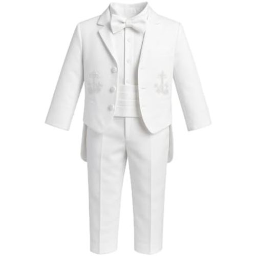 iGilrDress Baby/Toddler/Boys White Baptism Christening Mandarin Collar Tail 5 pcs Tuxedo with Cross Embroidery