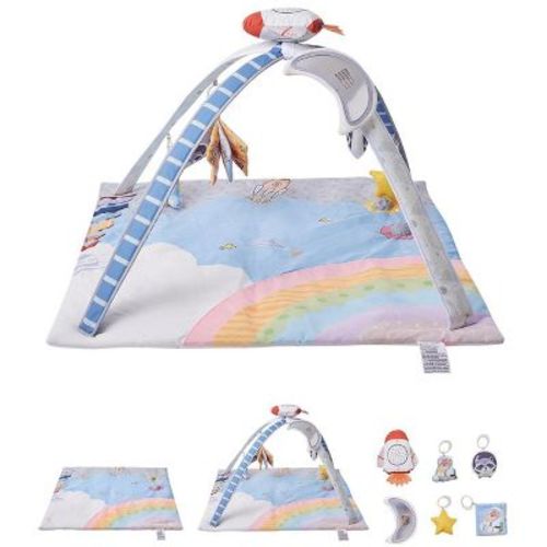 Baby Play Gym Mat, Tummy Time Mat with 6 Sensory Toys, Baby Activity Mat with Light-up Musical Rocket Toy for 0-18 Month Newborn Infant