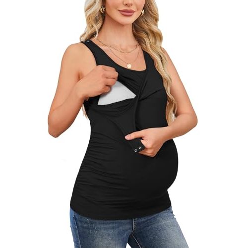 OUGES 2026 Womens Maternity Nursing Tank Tops Summer Scoop Neck Ruched Side Sleeveless Maternity Shirts Pregnancy Clothes