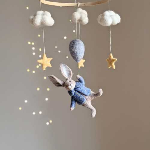 Peter Rabbit Nursery Mobile, Felt Clouds & Stars Baby Shower Gift