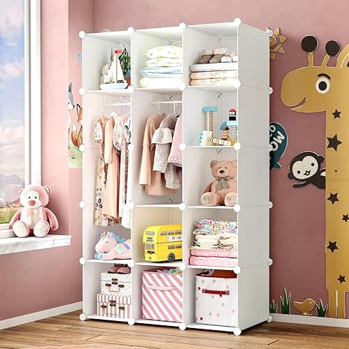 Modular Baby Wardrobe Closet, Portable Children Organizers and Storage for Nursery,15 Cubes with Hanging Rods,Multi-Functional Kids Storage Shelf-Bedroom Clothes Armoire (Boys & Girls)
