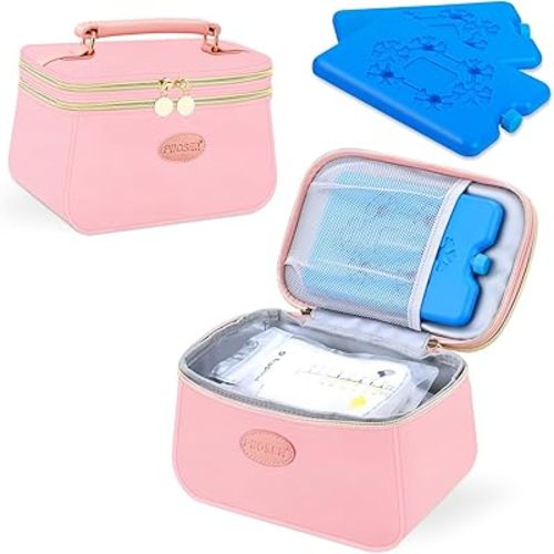PIIOSER Breast Milk Cooler Bag with 2 Ice Pack, Fit 6 Breastmilk Storage Bags Up to 8Oz, Insulated Baby Bottles Tote Bag for Daycare and Breastfeeding Mom (Pink-XS)