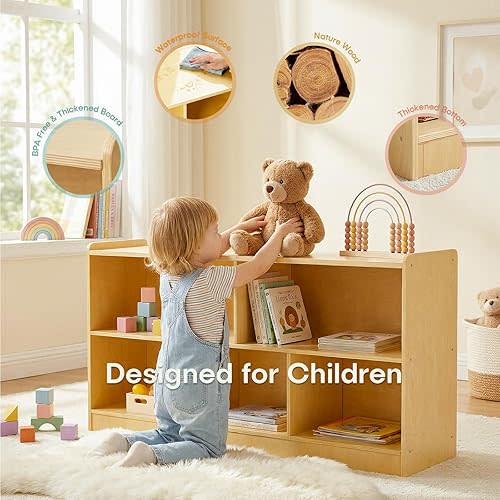 Montessori Shelf, Wooden Toy Storage Organizer with 2-Tier Shelf, Kids Bookshelf/Bookcase for Toddler Playroom, Nursery (Natural)