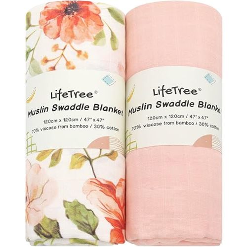 LifeTree Baby Swaddle Blankets, Boys Girls Muslin Swaddling Wrap Receiving Blanket for Newborn, 70% Viscose from Bamboo and 30% Cotton, Large 47" x 47", Butterfly Floral and Pink