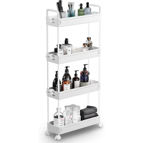 SOLEJAZZ Slim Rolling Storage Cart with Wheels 4 Tier Skinny Bathroom Storage Organizer Narrow Shelf Unit Thin Laundry Room Utility Cart for Bedside Kitchen Office Next to Fridge Small Places, White