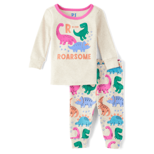 Baby And Toddler Girls Dino Snug Fit Cotton Pajamas - Tan