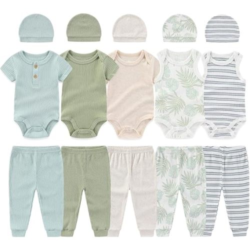 0-12 Months Unisex Baby Pants Sets New born Bodysuit and Hats 15 Pack Boy Girl Infant Comfort Outfit Clothes
