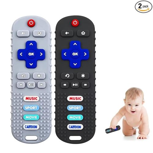 2-Pack Baby Remote Control Teether Toy for Babies 0-18 Months Silicone Infant Teething Toys Boys Girls Infants Teething Toys (Black + Gray)