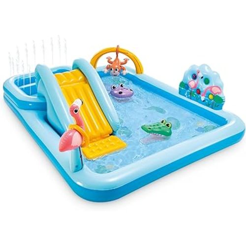 Intex 96" x 78" x 28" Inflatable Jungle Adventure Play Center Spray Kiddie Pool - Backyard Kids Water Slide, Outdoor Blow-Up Splash Pad for Toddlers