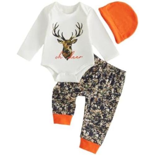 Newborn Baby Boy Clothes Hunting Print Long Sleeve Romper Deer Pants Set