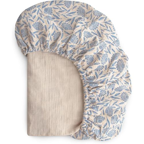 mushie Extra Soft Muslin Fitted Crib Sheet | 192 Thread Count | 28"x 52" (Blue Flowers)